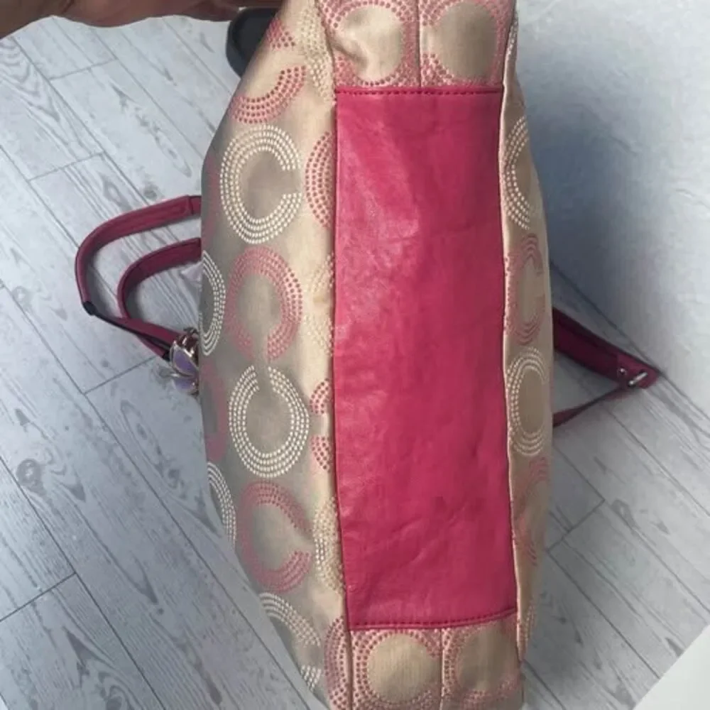 Coach Signature Ashley‎ Dotted Op Art Satchel Dot Pink and Tan Handbag F20049